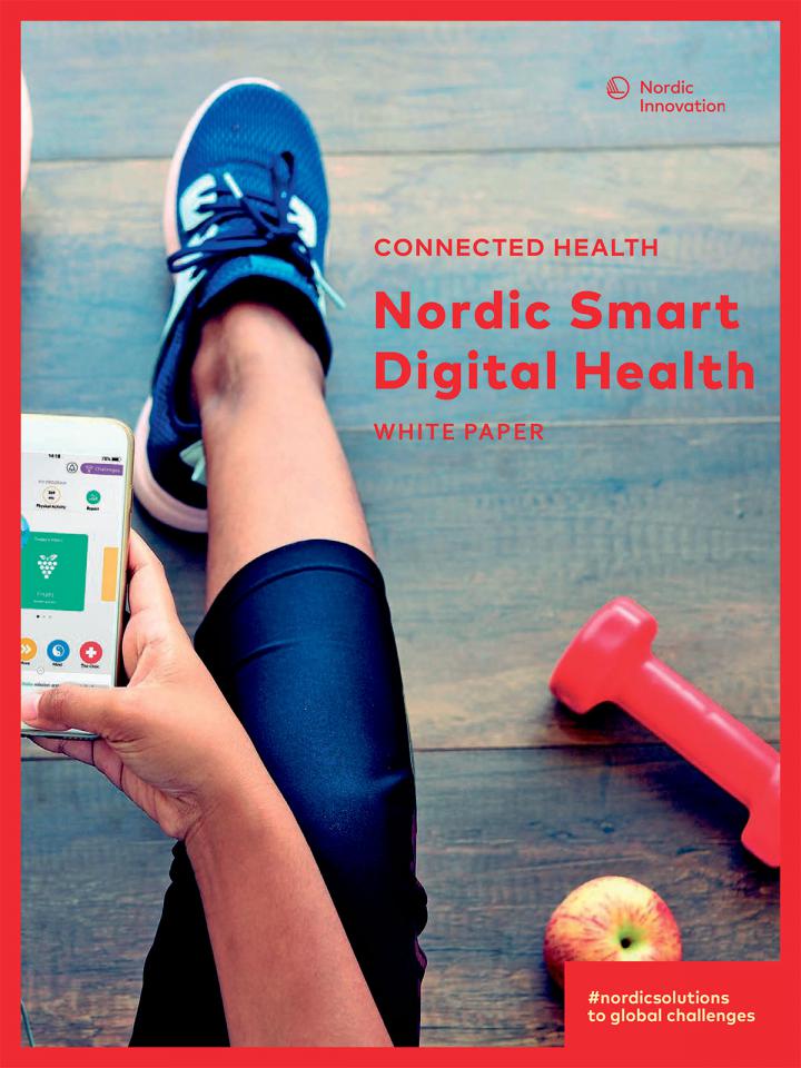 White paper front page showing a woman using a health and lifesyle app sitting on the ground.