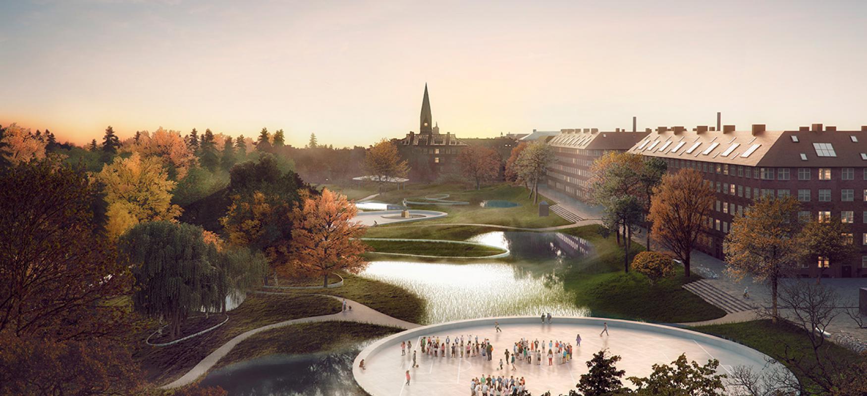 Render of the Soul of Nørrebro project showing Hans Tavsens park in Copenhagen