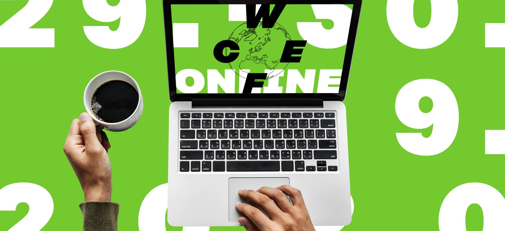 29-30 September 2020 man holding coffee cup, with a computer in front of him with the WCEFonline logo on it.