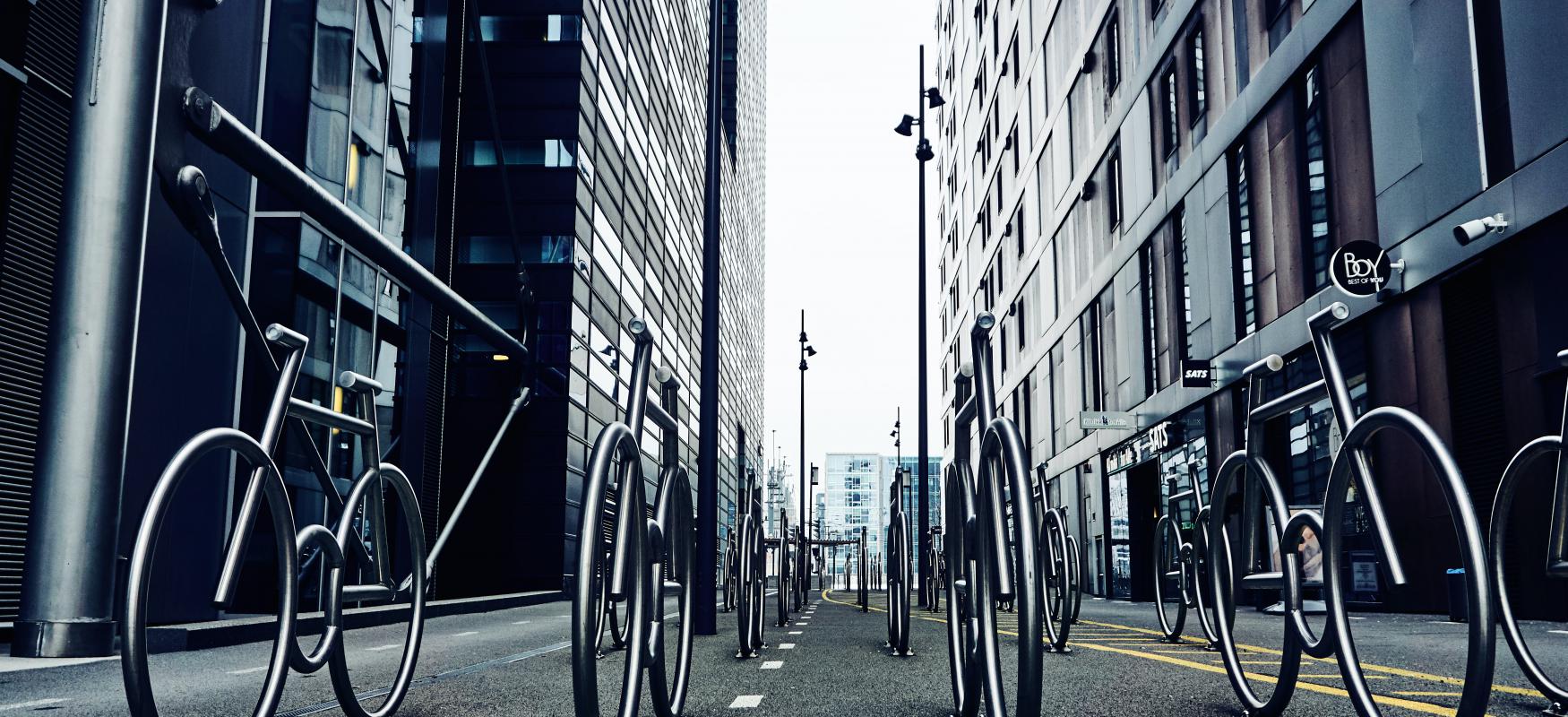 Installation placed in Oslo of metal bikes standing side by side.