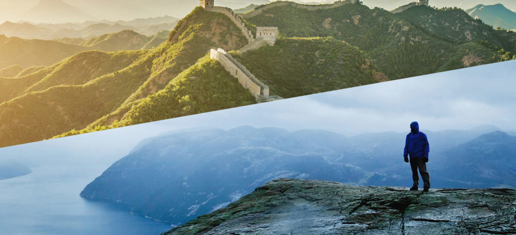 Split image with the Great Wall of China in sunrise on the top and a man standing overlooking a fjord on the bottom.