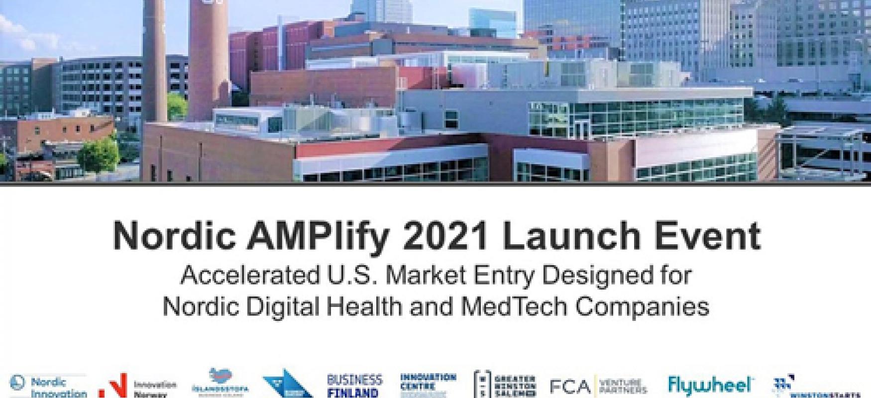Image of a city with the text "Nordic AMPlify 2021 Launch Event" underneath.