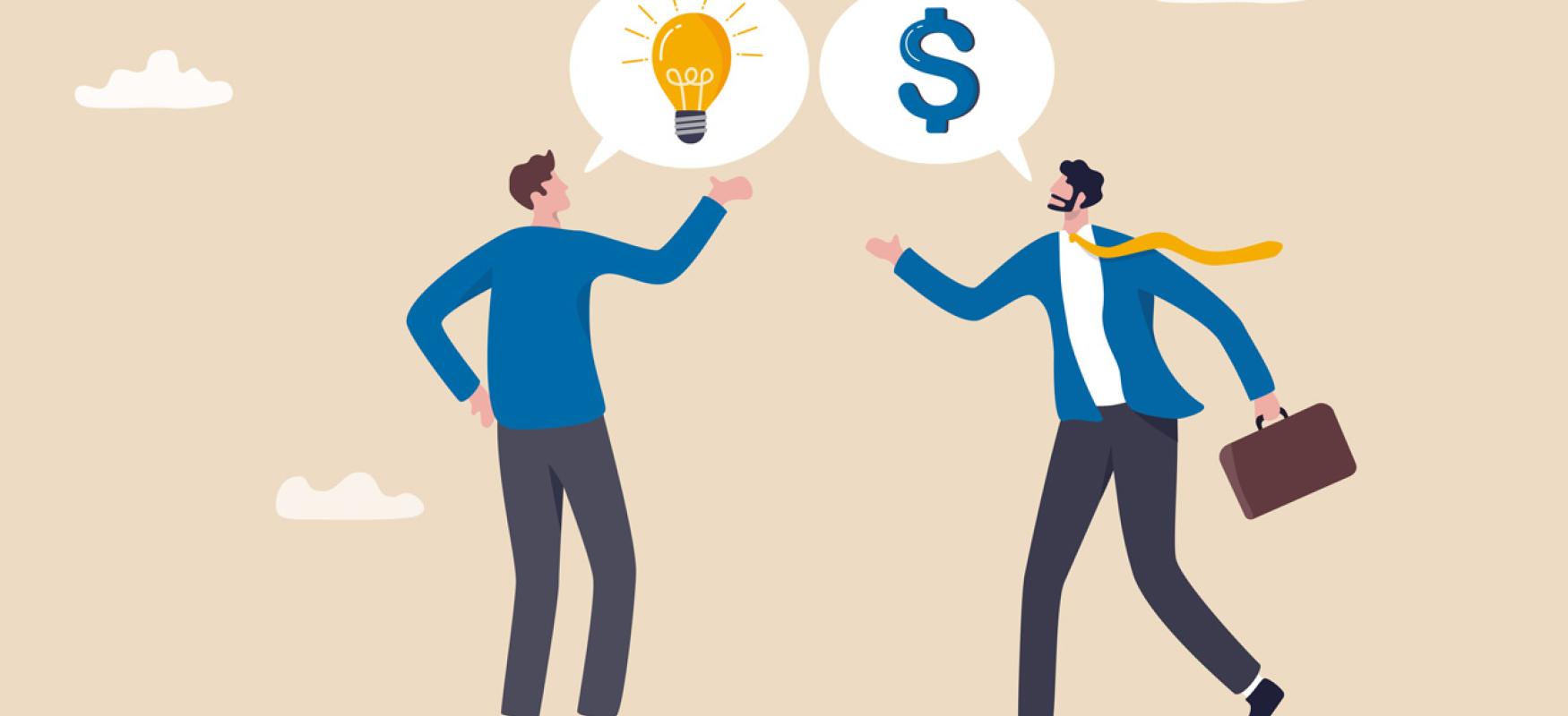 Illustration of two men meetin. One with an idea, the other with money to invest