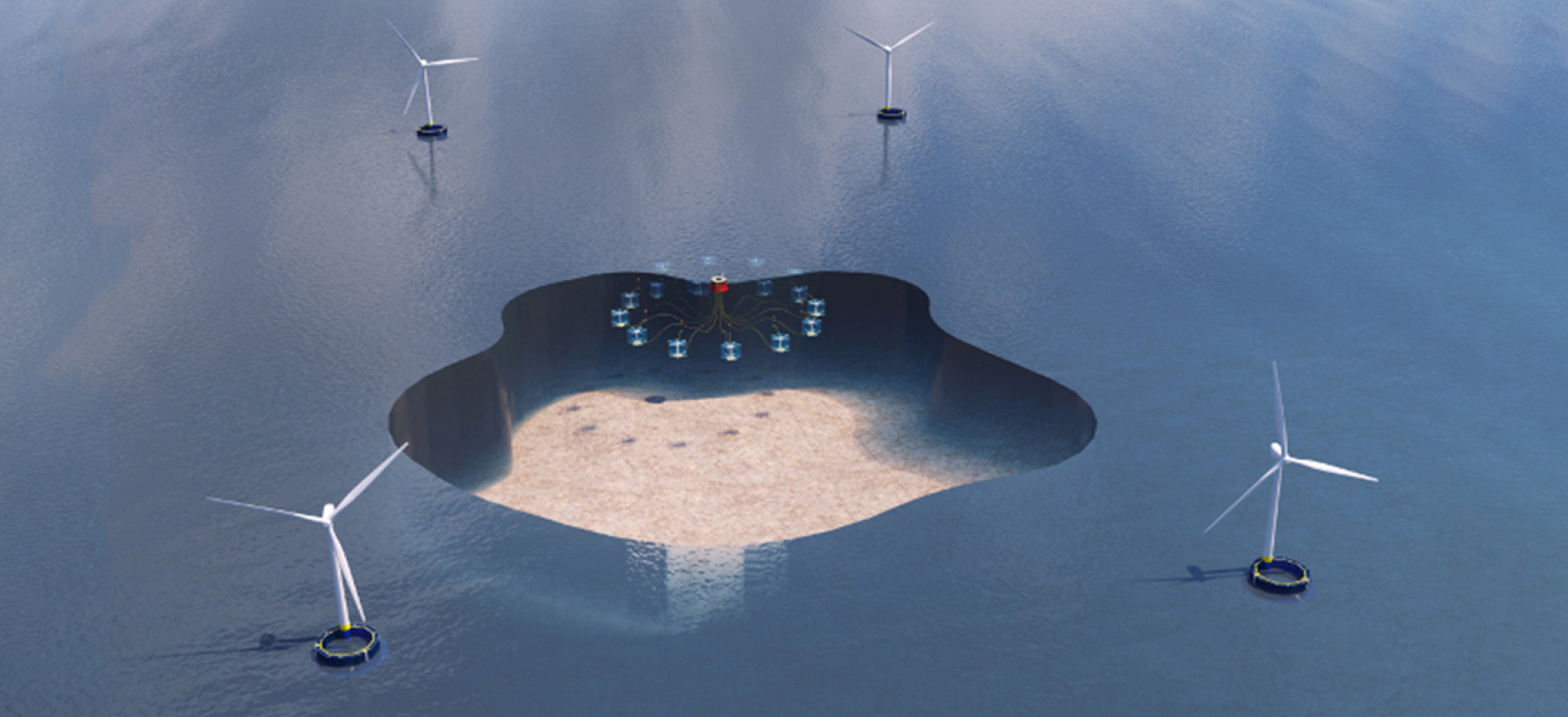 Illustration of how a sea farms and wind turbins at sea could look like