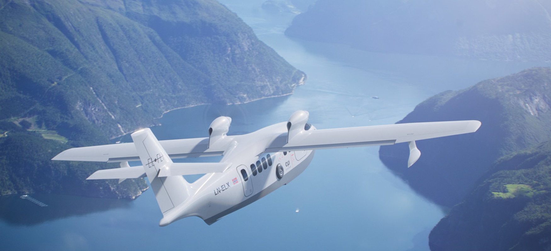 Illustration of electric airplan flying over Norwegian fjords