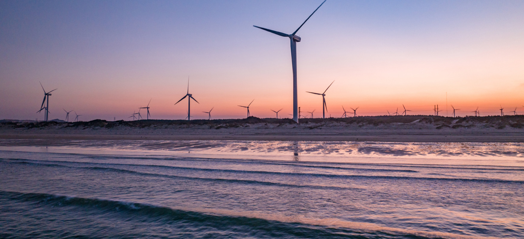 several wind turbins sanding on the beach and into the horizon