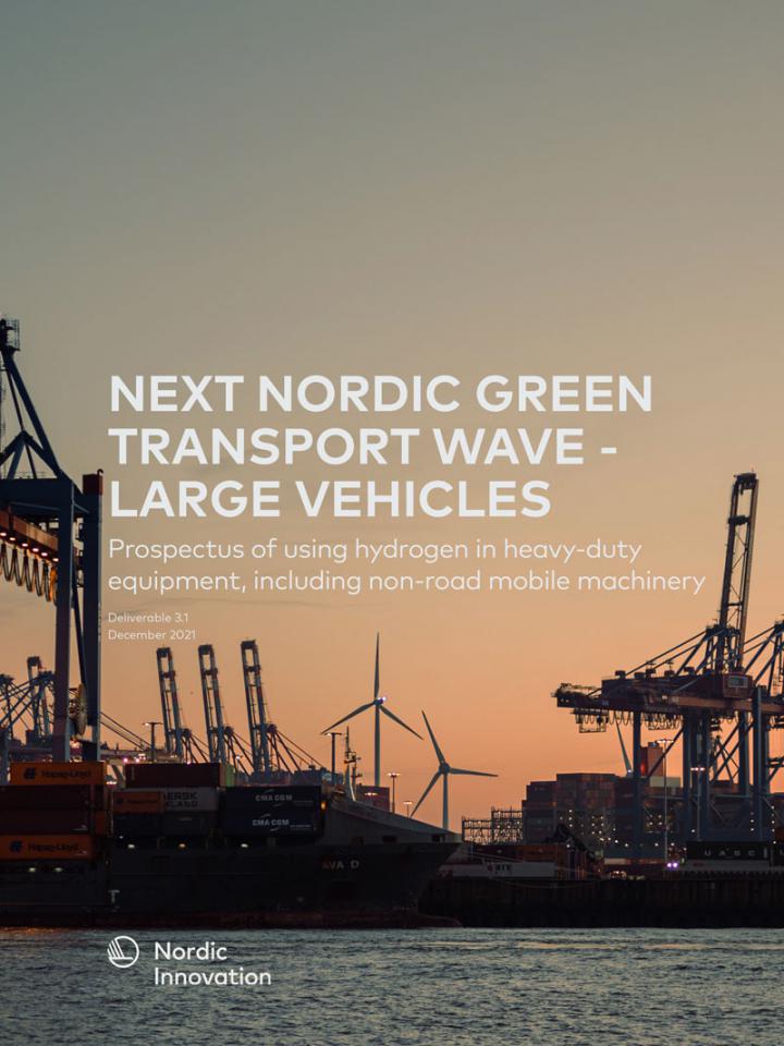 Publication frontpage featuring the title over a photo of a port with cranes and windmills in the sunset.