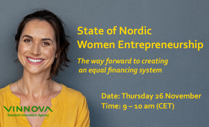 State of Nordic Women Entrepreneurship webinar by Vinnova. Women in yellow t-shirt smiling.