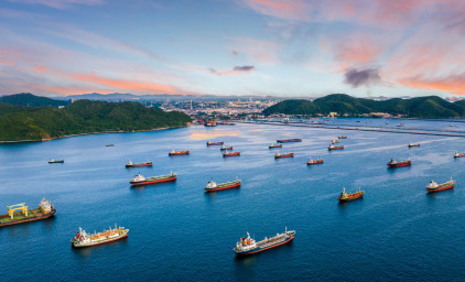 Many ships lining up and waiting to dock