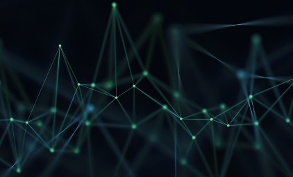 Illustraton phot: Green glowing dots connected with green glowing lines in a dark space